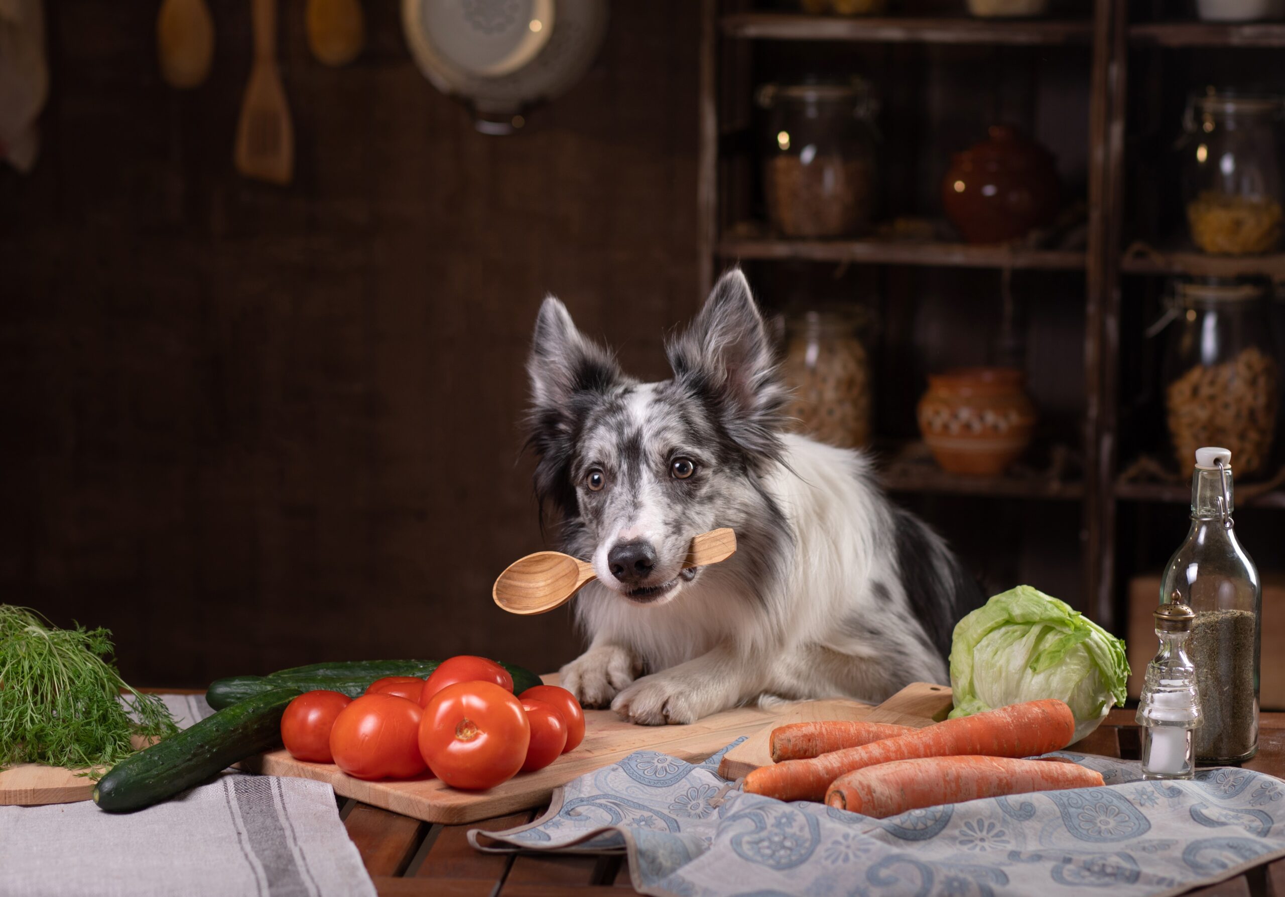 dog at kitchen table with wooden spoon in its mouth surrounded by vegetables